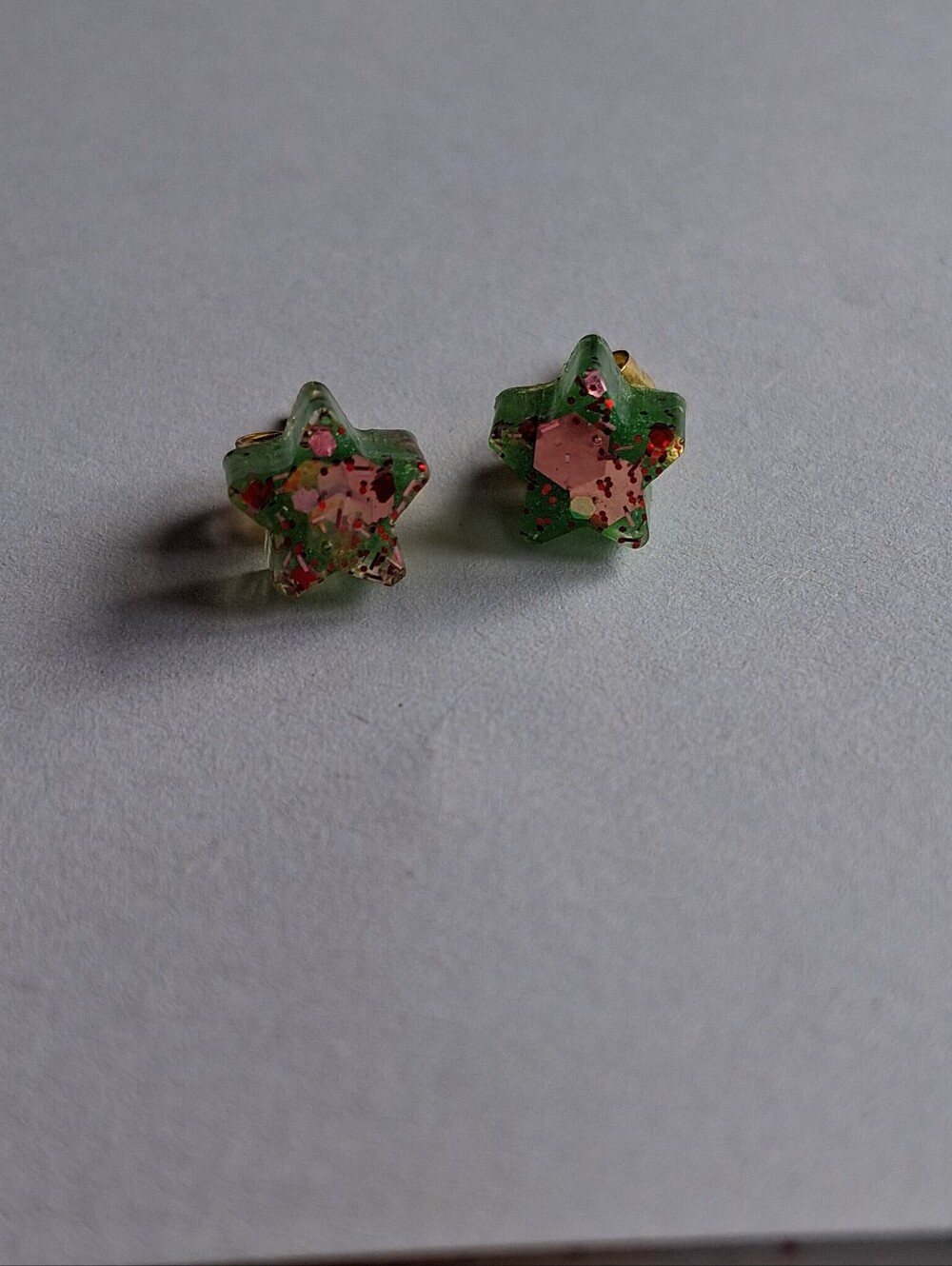 Star-Shaped Green and Pink Resin Stud Earrings